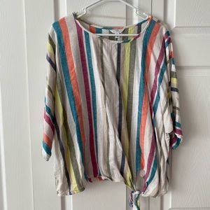 Bright,multi-colored striped blouse w/ tie in the bottom left corner, XL (16-18)